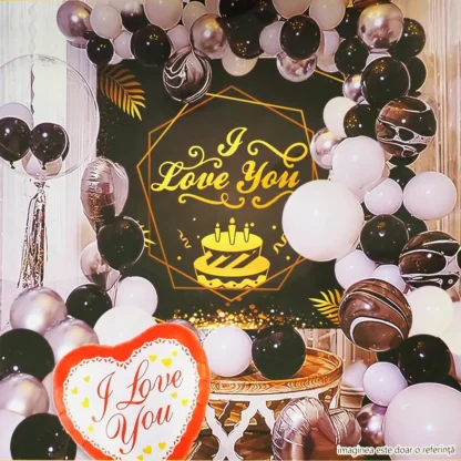 Set arcada 45 baloane latex si folie I Love You, in nuante de negru, alb, argintiu, cu banner