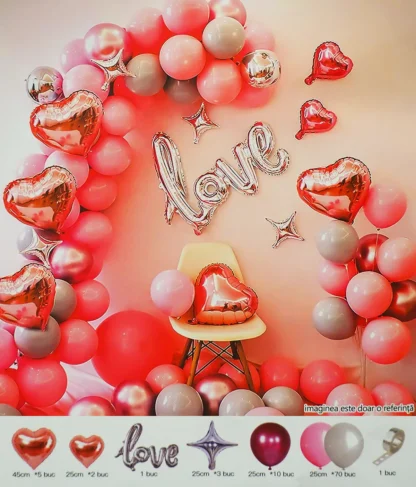 Set arcada baloane in nuante de roz, gri, banner litere Love, inimioare, stelute si accesorii - imagine 2