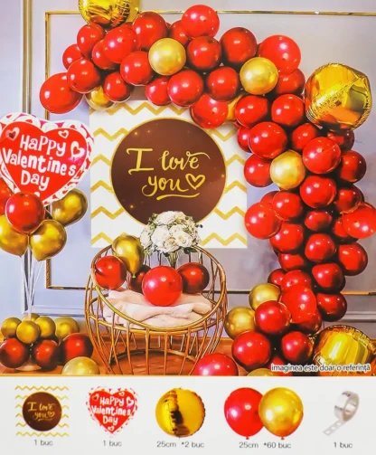Set arcada 63 baloane in nuante de rosu si auriu, cu banner I Love You si balon folie Valentines - imagine 2