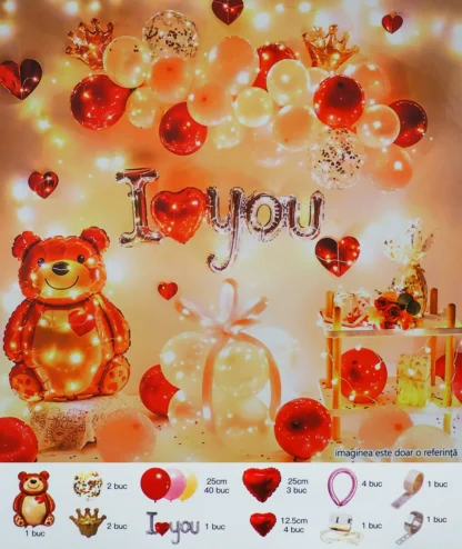 Set aranjament 56 baloane in nuante de rosu, roz, galben, cu ursulet si fir cu led - imagine 2