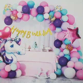 Set arcada baloane multicolore cu Unicorn, 90 de baloane, cu ghirlanda Happy Birthday si accesorii