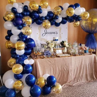 Set arcada baloane cu 90 de baloane in nuante de albastru, auriu si alb, cu accesorii
