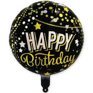 Balon folie Happy Birthday, negru-auriu, rotund, 45 cm