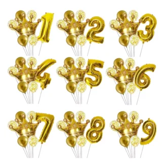 Set aranjament bundle 7 baloane cu coronita si cifra, aurii
