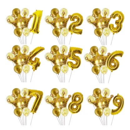 Set aranjament bundle 7 baloane cu coronita si cifra, aurii
