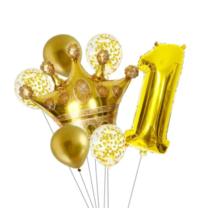 Set aranjament bundle 7 baloane cu coronita si cifra, aurii - imagine 3