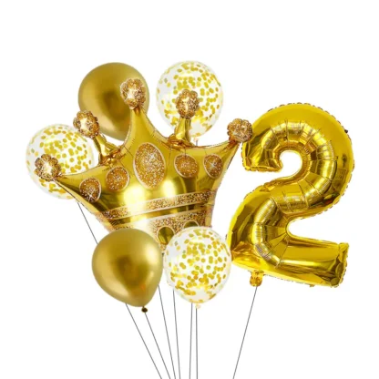 Set aranjament bundle 7 baloane cu coronita si cifra, aurii - imagine 4