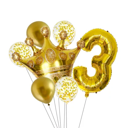 Set aranjament bundle 7 baloane cu coronita si cifra, aurii - imagine 5