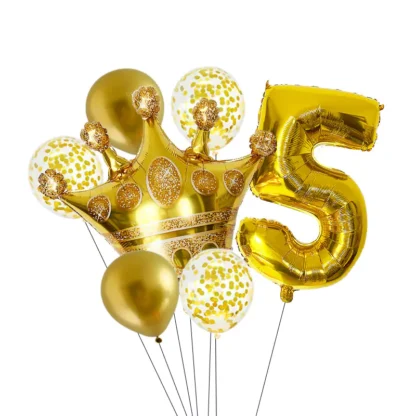Set aranjament bundle 7 baloane cu coronita si cifra, aurii - imagine 7