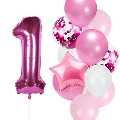 Set aranjament bundle aniversar cu 12 baloane, cu Cifra de 100 cm, roz - imagine 2