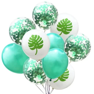 Set aranjament bundle 10 baloane latex frunze si confetti verde