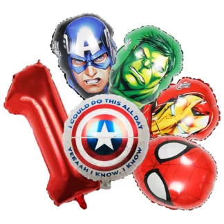Set aranjament bundle 6 baloane folie supereroi cu cifra rosie