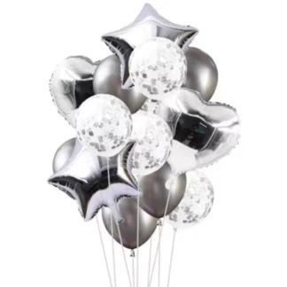 Set aranjament bundle 14 baloane folie si latex, argintiu