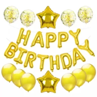 Set aranjament bundle 25 baloane folie si latex Happy Birthday cu stelute si confetti
