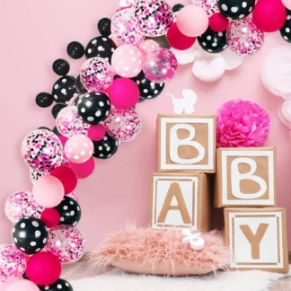 Set bundle arcada cu 115 baloane latex cu buline alb-negru, roz-alb si confetti