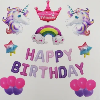 Set aranjament aniversar 39 baloane folie si latex cu Unicorn