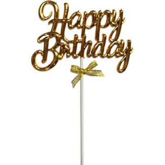 Topper tort Happy Birthday, model cu fundita, auriu, 12 cm