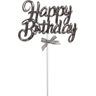 Topper tort Happy Birthday, model cu fundita, argintiu, 12 cm