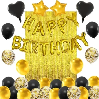 Set aranjament bundle 34 baloane latex si folie ghirlanda Happy Birthday si Perdea decorativa