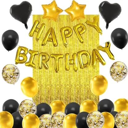 Set aranjament bundle 34 baloane latex si folie ghirlanda Happy Birthday si Perdea decorativa