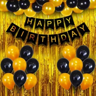 Set aranjament bundle 30 baloane cu ghirlanda Happy Birthday si perdea decorativa