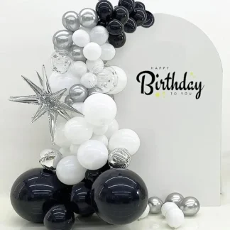 Set aranjament bundle 90 baloane auriu alb, negru cu steluta 3d