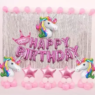 Set aranjament bundle baloane HAPPY BIRTHDAY Unicorn Party cu perdea decorativa