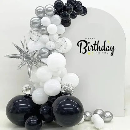 Set aranjament bundle 90 baloane auriu alb, negru cu steluta 3d