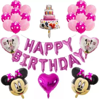 Set aranjament bundle Minnie cu 26 baloane folie si latex si Ghirlanda Happy Birthday