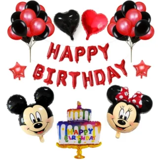 Set aranjament bundle 31 baloane folie si latex Mickey si Minnie cu Ghirlanda Happy Birthday rosie