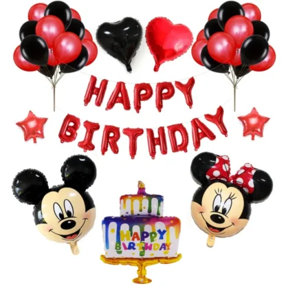 Set aranjament bundle 31 baloane folie si latex Mickey si Minnie cu Ghirlanda Happy Birthday rosie