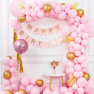 Set aranjament bundle 108 baloane latex Roz cu Ghirlanda Happy Birthday