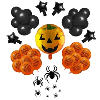 Set aranjament bundle 37 baloane folie si latex Dovleac Halloween cu Decoratiuni Paianjen