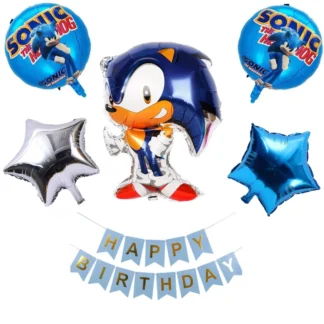 Set aranjament bundle 5 baloane folie Sonic cu Ghirlanda Happy Birthday