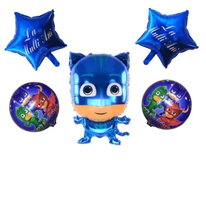 Set aranjament bundle 5 baloane folie Eroi in Pijamale cu Stelute Albastre La Multi Ani