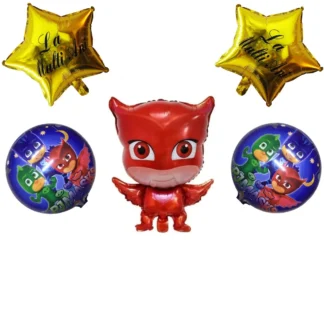 Set aranjament bundle 5 baloane folie Eroi in Pijamale cu Stelute Aurii La Multi Ani