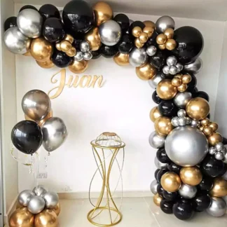 Set arcada cu 80 de baloane latex in culori auriu, argintiu, negru, cu ghirlanda Happy Birthday