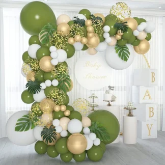 Set arcada cu 75 de baloane latex in nuante de verde, somon, auriu, alb, cu ghirlanda baloane folie Happy Birthday