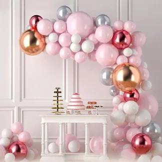 Set arcada cu 107 baloane in culori roz, argintiu, alb, rose gold, auriu