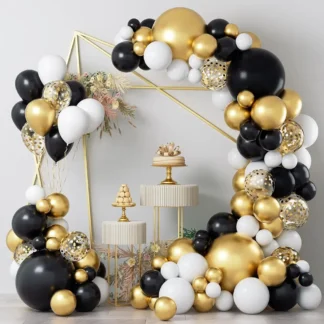 Set arcada cu 105 baloane in culori auriu, negru, alb, cu baloane confetti