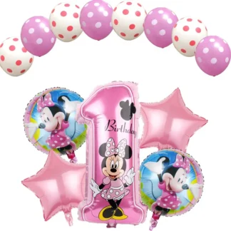 Set aranjament bundle 13 baloane folie si latex Cifra 1 Minnie Roz