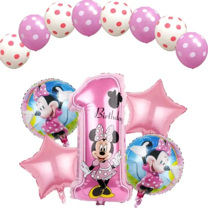 Set aranjament bundle 13 baloane folie si latex Cifra 1 Minnie Roz