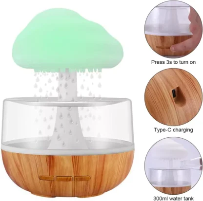 Umidificator cu picurare de apă, cu functii de difuzor de aromaterapie / uleiuri esențiale si lampa de noapte cu nor de ploaie și 7 culori - imagine 6