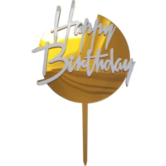 Topper Tort Happy Birthday auriu cu scris alb 16 cm