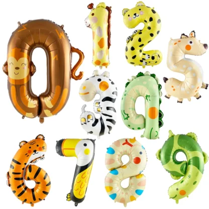Baloane folie in forma de cifre 1, 2, 3, 4, 5, 6, 7, 8, 9, 0, cu Animale, Jungle Party, 100 cm - imagine 2