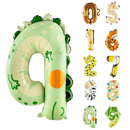 Baloane folie in forma de cifre 1, 2, 3, 4, 5, 6, 7, 8, 9, 0, cu Animale, Jungle Party, 100 cm