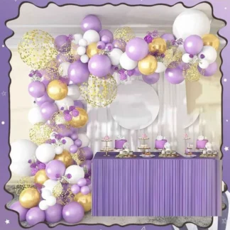 Set arcada 98 de baloane in nuante de mov, alb si auriu, cu baloane confetti auriu