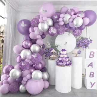 Set arcada cu 80 de baloane in nuante de mov cu argintiu, cu baloane confetti mov