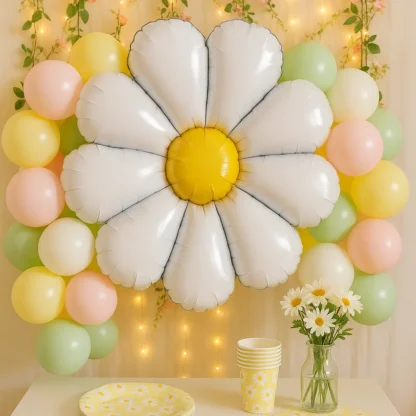 Balon Uriaș Floare Margareta, Umflare cu Aer sau Heliu, Folie Mylar, Alb-Galben, 90 cm - imagine 2