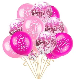 Set 10 baloane latex 1'st Birthday, cu confetti, roz